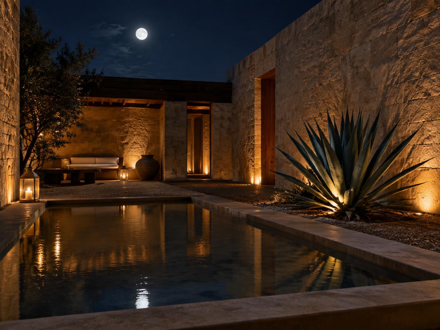 Moonlit sanctuary courtyard at Notto